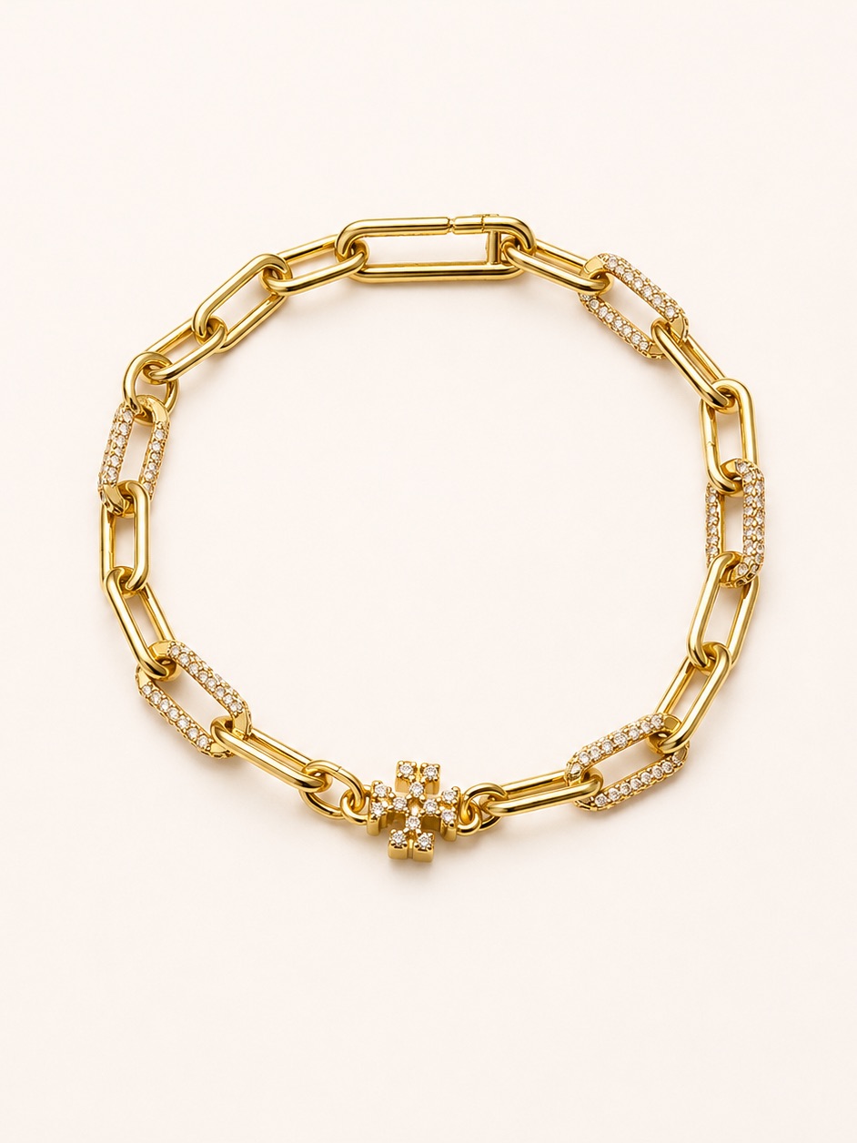 Tory Burch Gold Tone Crystal Link Bracelet With Pave Cross Charm